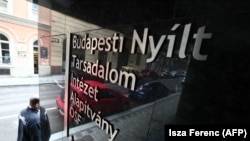 The entrance of the building that houses the Open Society Foundationsm run by U.S.-Hungarian billionaire George Soros