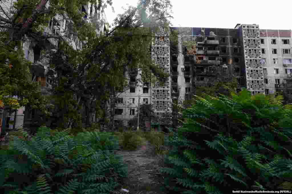 A burned-out apartment block. Remaining residents of Vuhledar now survive mostly underground in basements that offer shelter from the splinters of shrapnel that frequently ricochet through the streets.