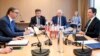 European Union foreign policy chief Josep Borrell (center, back) meets with Serbian President Aleksandar Vucic (left) and Kosovar Prime Minister Albin Kurti (right) during a meeting in Brussels on May 2.