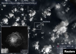 A satellite image shows gas from the Nord Stream pipeline bubbling up in the water following incidents in the Baltic Sea, in this handout picture released on September 29, 2022, by Russia's Roscosmos agency.