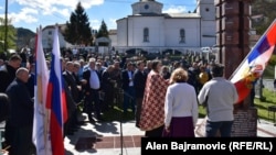 People take part in a "Day of Russian Volunteers" event in Visegrad on April 12, commemorating Russians who died fighting on the side of Bosnian Serbs in the 1992-1995 Bosnian War.
