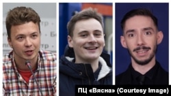 From left to right: Raman Pratasevich, Stsyapan Putsila, and Yan Rudzik were authors of the Nexta Live Telegram channel that extensively covered unprecedented protests against official results of an August 2020 presidential election that the opposition and many Western countries say was rigged.