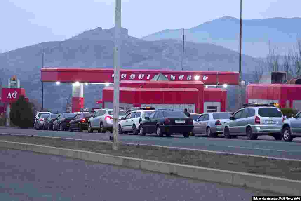 Drivers wait to fill their cars in Stepanakert. Azerbaijan also has sporadically cut gas supplies to Nagorno-Karabakh -- most recently on January 21. 