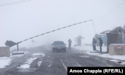 An Armenian checkpoint on the outskirts of Tegh on February 9. The checkpoint is currently the end of the road for Karabakh Armenians hoping to go home.