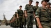 Russian Army soldiers march during an action in support of the invasion of Ukraine at a World War II memorial in Volgograd on July 11.