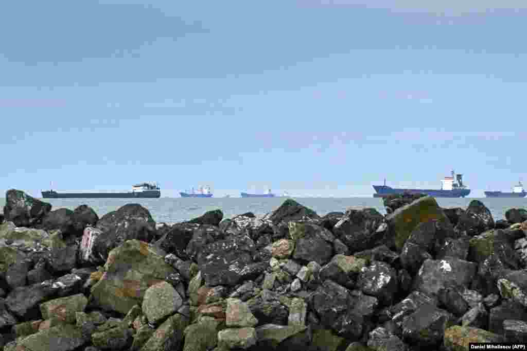 Ships off Romania's Black Sea coast wait on June 8 to enter the Sulina Canal, a waterway less than 5 kilometers from Romania's border with Ukraine. 
