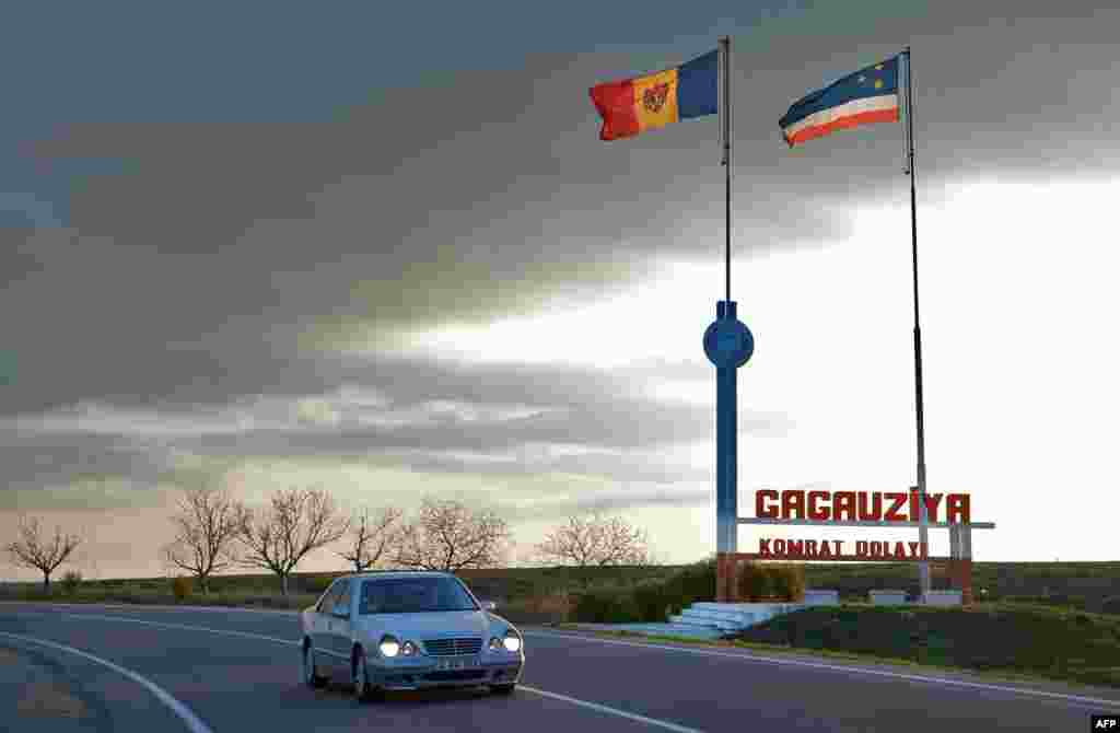 Moldovan and Gagauz flags fly at the border of the Gagauzia autonomous region.