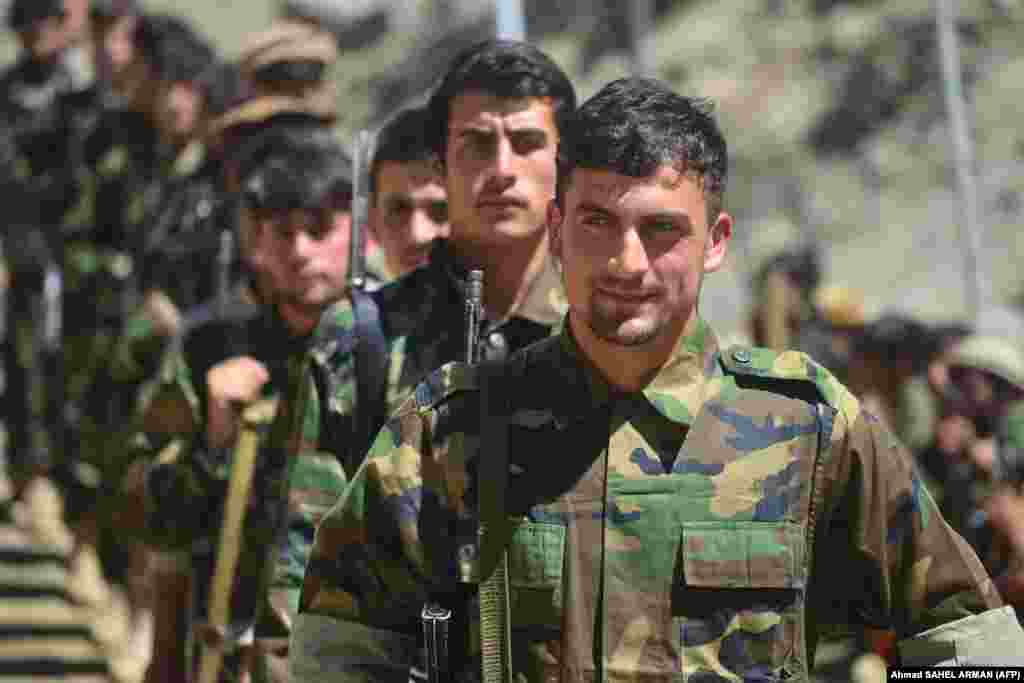 Anti-Taliban forces take part in training in the Abdullah Khil area of the Dara district in Panjshir Province on August 24.