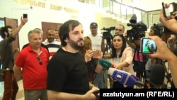 Armenia -- Areg Kyureghian speaks to reporters after being set free by a court in Yerevan, 6 June 2018.