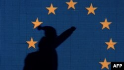 Украина - Тень проевропейски настроенного демонстранта на флаге ЕС, Киев, 27 ноября 2013 г. 