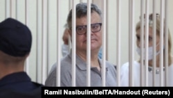 Viktar Babaryka appears in court in Minsk in July 2021.