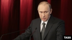 Russian President Vladimir Putin delivers a speech as he attends a meeting with officials from the Interior Ministry in Moscow on March 4.
