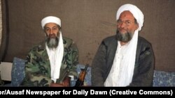 ښي اړخ ته ايمن الظواهري او کېڼ طرف ته اسامه بن لادن. دا تصوير پاکستاني خبريال حامد مير د ۲۰۰۱ز کال د نومبر پر ۱۰مه نېټه له اسامه بن لادن سره د مرکې پر مهال اخیستی وو چې ډان ورځپانې خپور کړ.