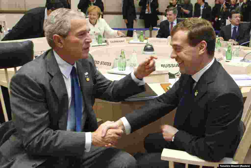 The Russian president meets with U.S. President George W. Bush before the start of a Group of Eight (G8) working session in northern Japan on July 8, 2008. Medvedev cultivated a more pro-Western image than his predecessor, and made gestures toward cracking down on corruption. 