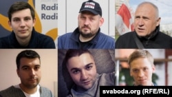 Зьлева направа і зьверху ўніз: палітвязьні Ігар Лосік, Сяргей Ціханоўскі, Мікалай Статкевіч, Уладзімер Цыгановіч, Арцём Сакаў і Дзьмітры Папоў.