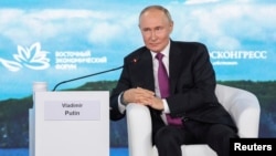 Russian President Vladimir Putin speaks at an economic forum in the Far Eastern port city of Vladivostok, Russia, on September 5.